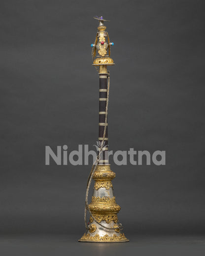 Handcrafted Tibetan Ritual Wind Instrument with Elegant Metalwork and Gemstone Decoration