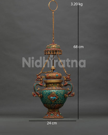 Handcrafted Tibetan Sangbur incense burner with copper body and gold gilded finish