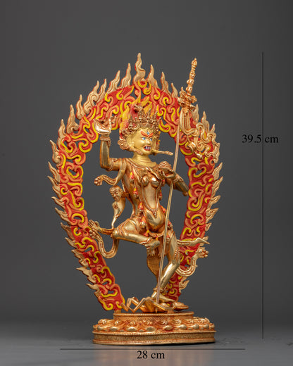 Handcrafted Troma Nagmo Buddhist sculpture standing on a lotus pedestal above a subdued figure