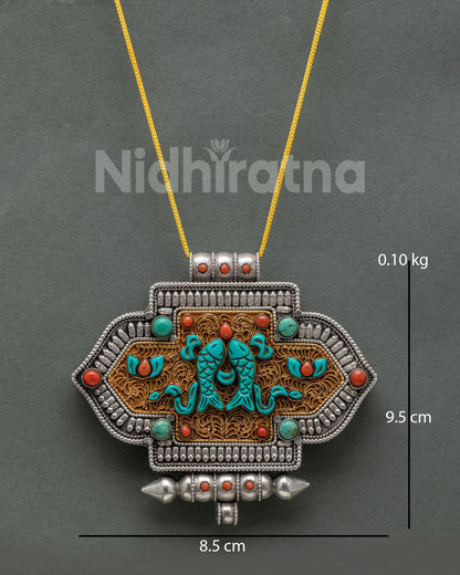 Handcrafted Twin Golden Fish Ghau Mala from Nepal with turquoise and coral stone inlays.