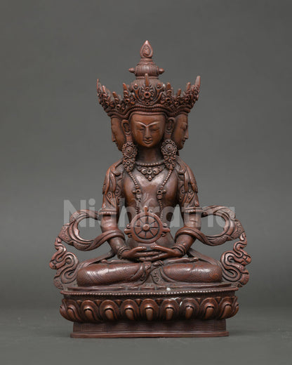 Handcrafted Vairocana Buddha copper statue, four faces, Dhyana Mudra, oxidized patina, Newari artisans Nepal