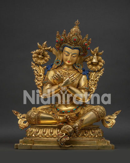 Handcrafted Vajradhara Statue - 24K Gold Fire-Gilded Copper Sculpture, front view
