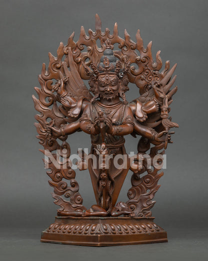 Handcrafted Vajrakilaya statue from Nepal with oxidized copper finish and wrathful protector deity