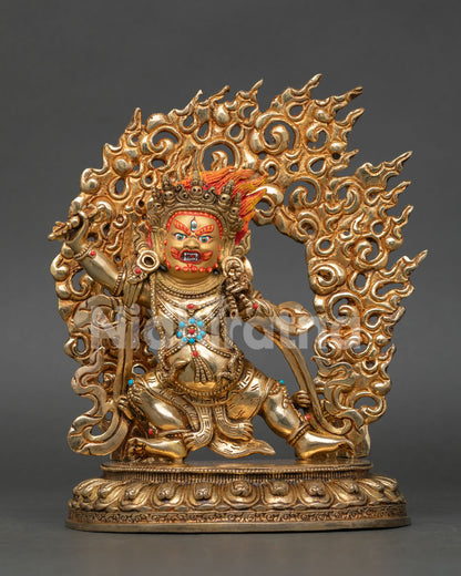 Handcrafted Vajrapani Statue from Nepal featuring gold gilded copper body and semi precious stone details