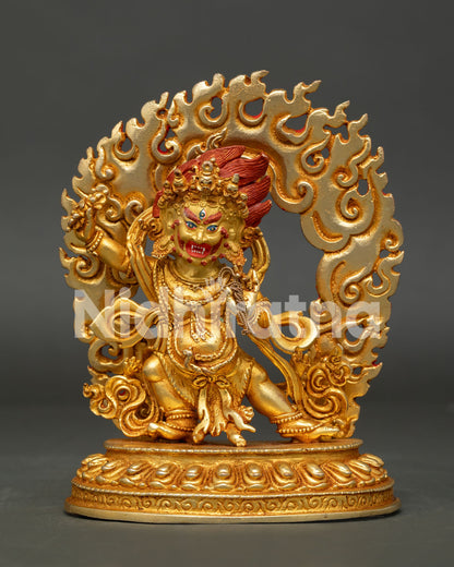 Handcrafted Vajrapani Statue Gold Gilded Copper Buddhist Protector from Nepal.