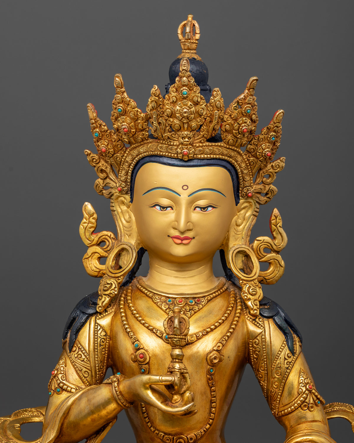Handcrafted Vajrasattva Buddhist statue with five-jeweled crown and semi-precious stones