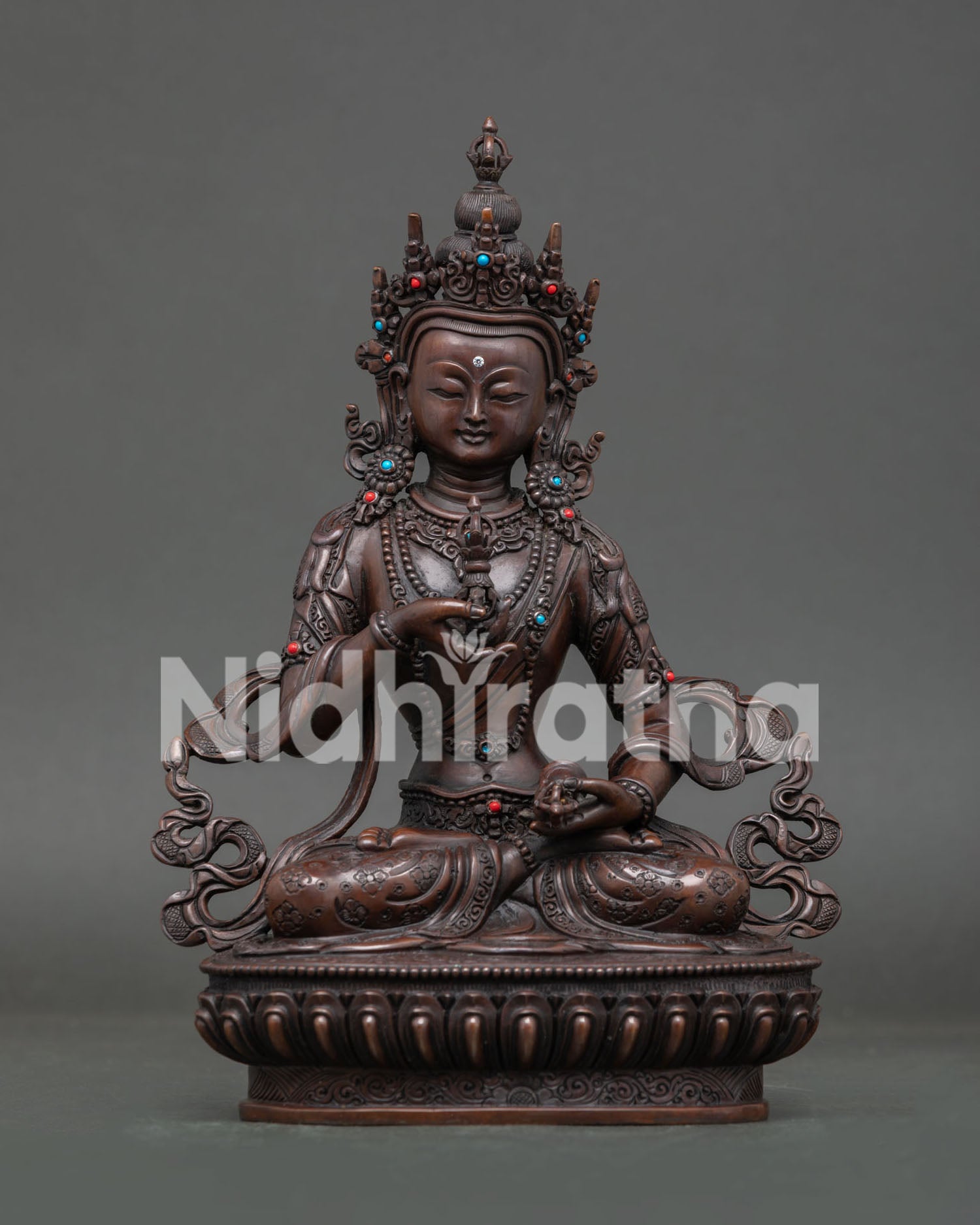 Handcrafted Vajrasattva Copper Statue with Oxidized Finish and Intricate Details.