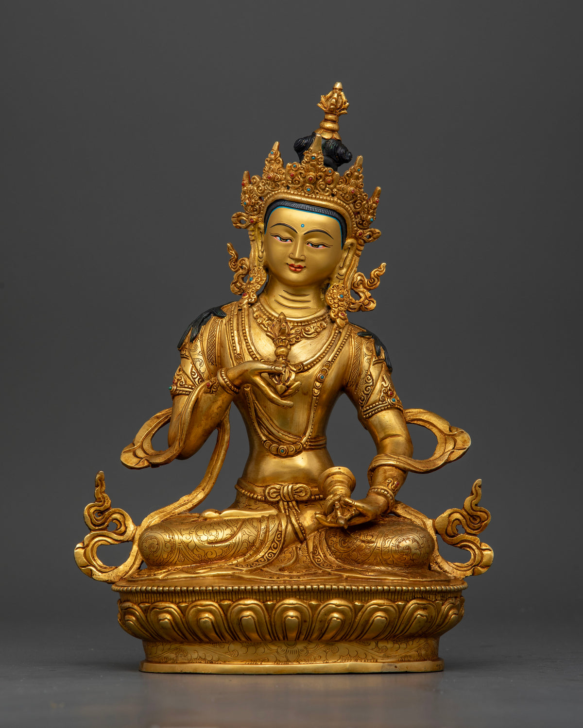 Handcrafted Vajrasattva statue from Patan Nepal with 24K gold fire gilding and gemstone details