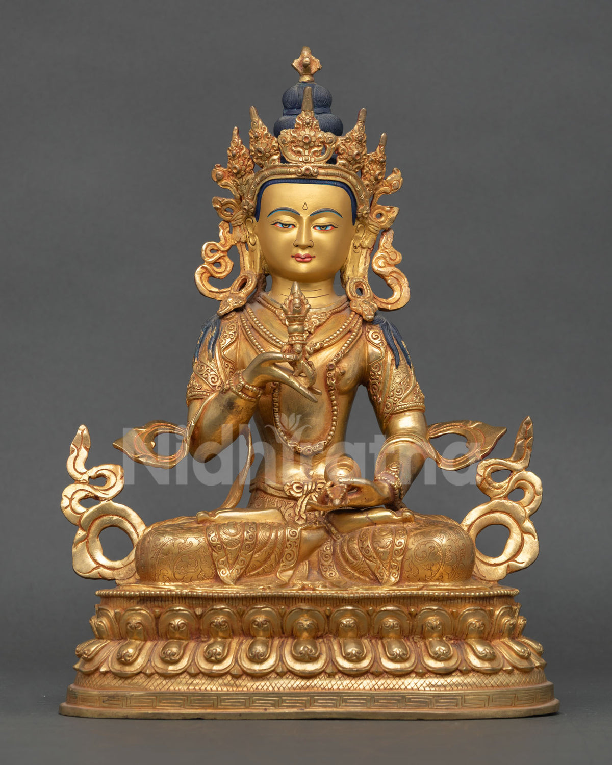 Handcrafted Vajrasattva Statue in Gold Fire Gilded Copper with Gold Painted Face.
