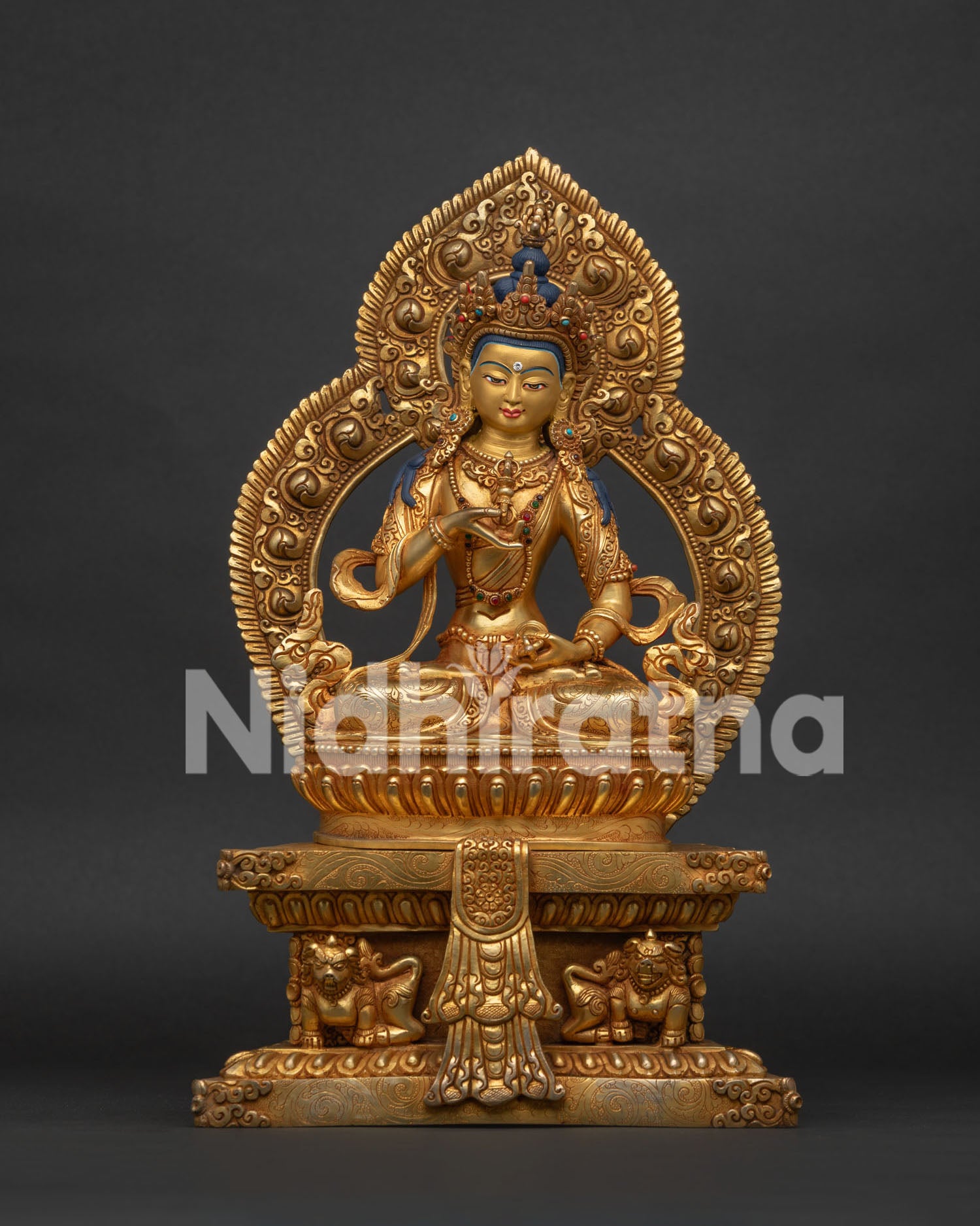 Handcrafted Vajrasattva Statue in Gold Fire Gilded Copper with Semi Precious Stones.