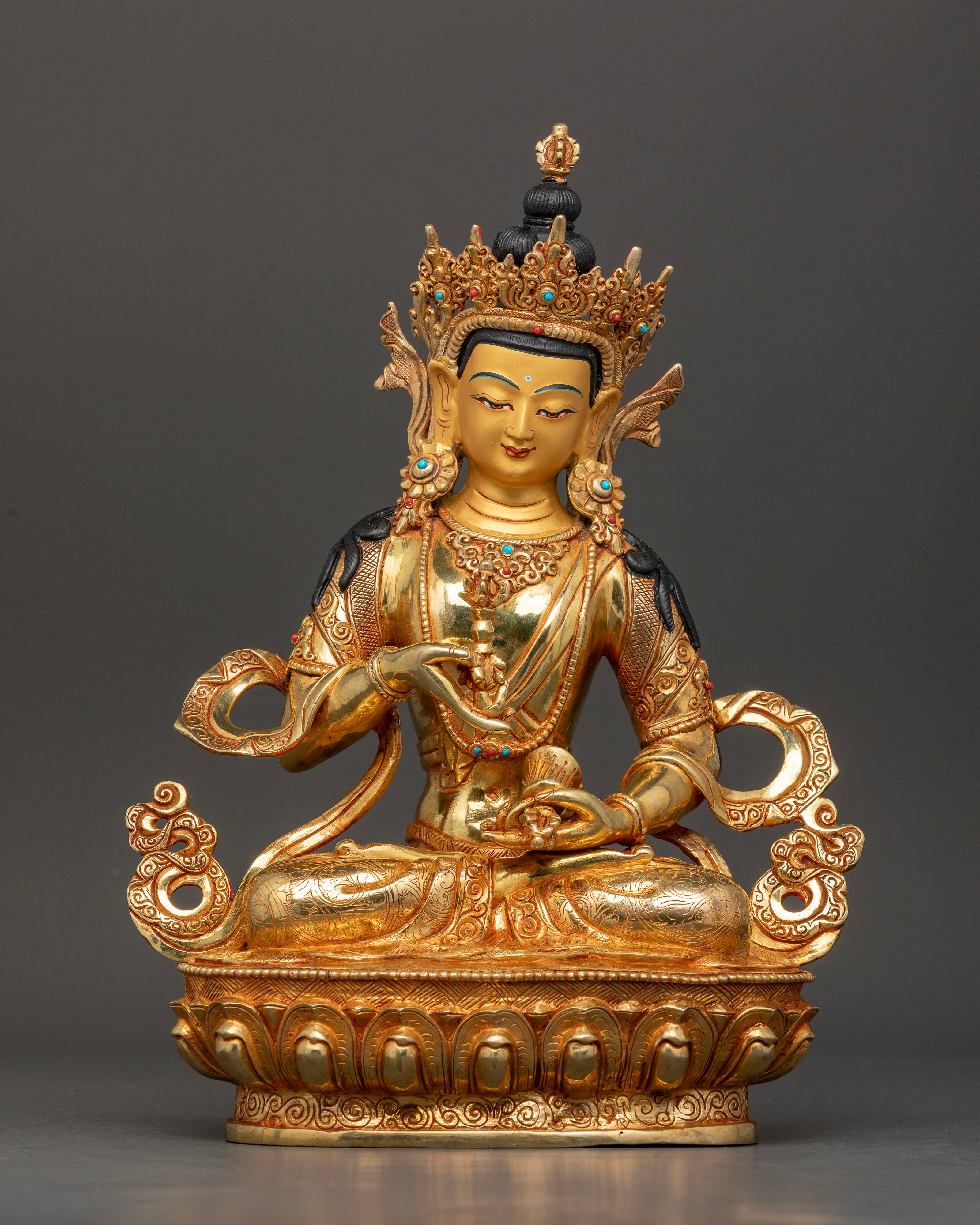 Handcrafted Vajrasattva statue with 24K gold gilding and gold painted face