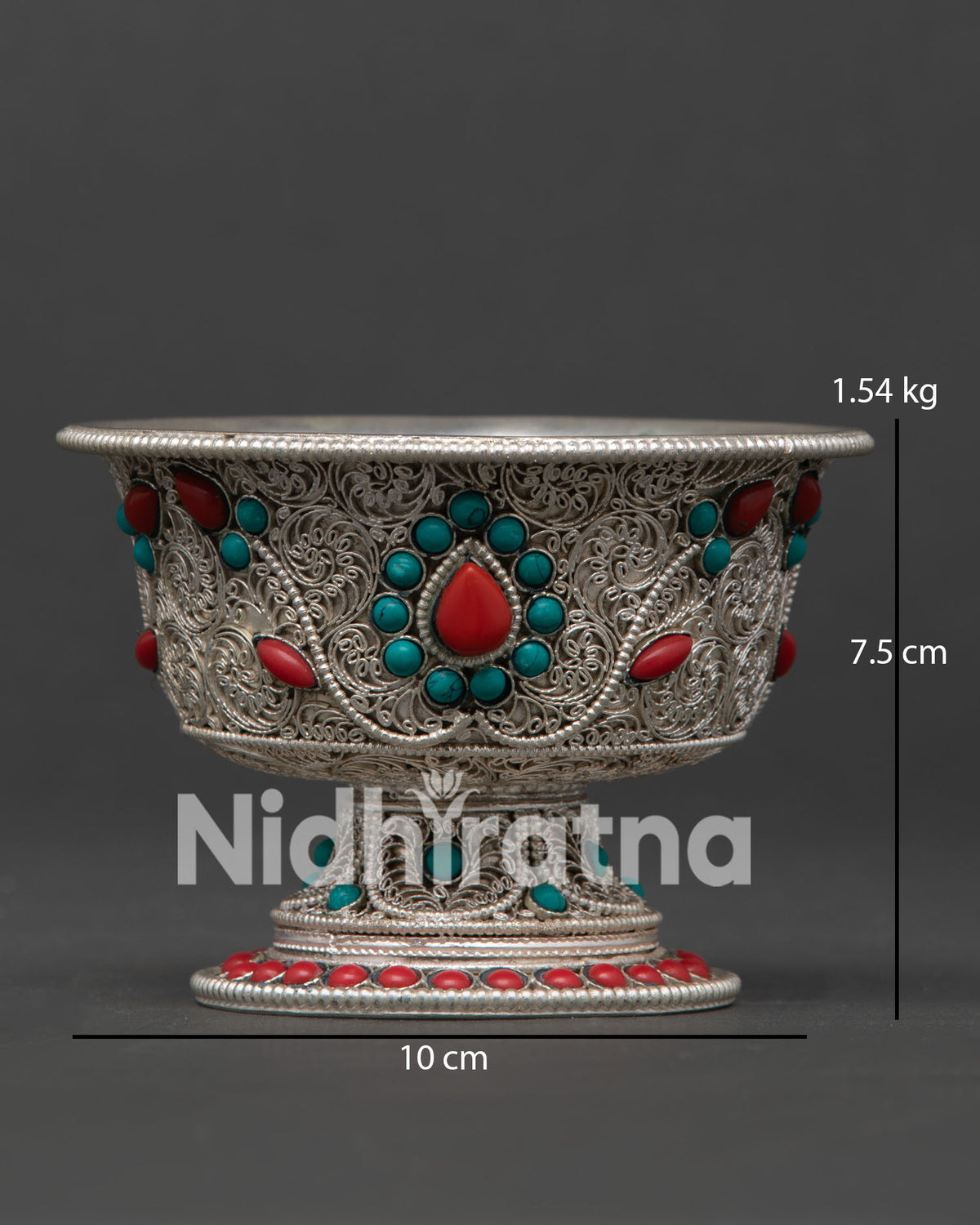 Handcrafted water offering bowls with intricate filigree turquoise and coral stones