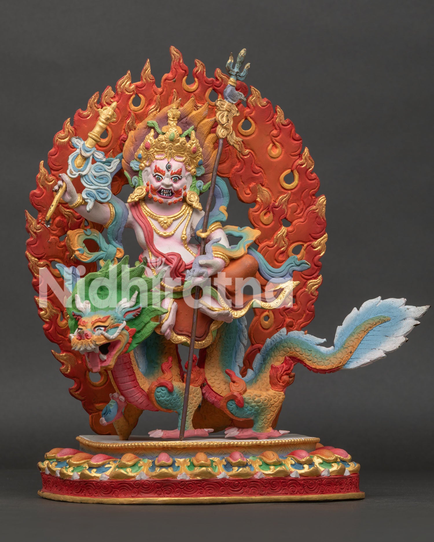 Handcrafted White Dzambhala Statue Front View Copper Acrylic Colors Nepal.
