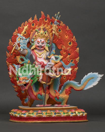 Handcrafted White Dzambhala Statue Front View Copper Acrylic Colors Nepal.