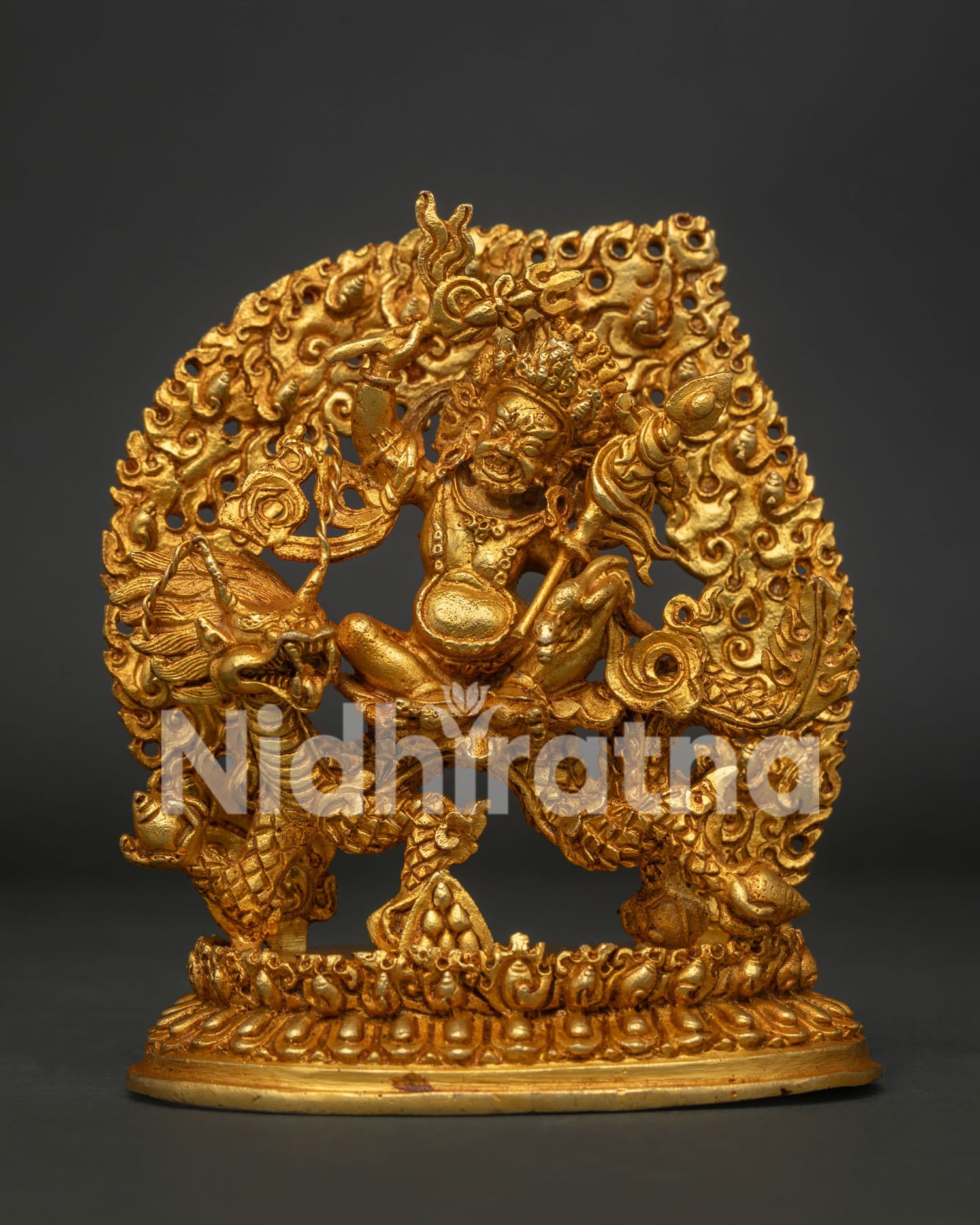 Handcrafted White Dzambhala Statue with Gold Fire Gilded Copper Finish and Blazing Halo.