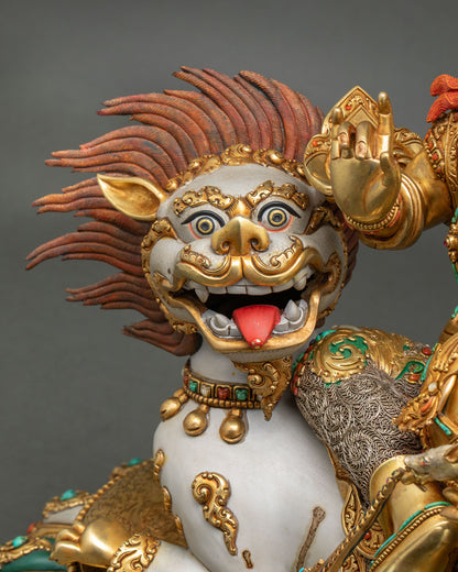 Handcrafted white snow lion statue with gold accents on lotus base, Namtoshe mount from Nepal