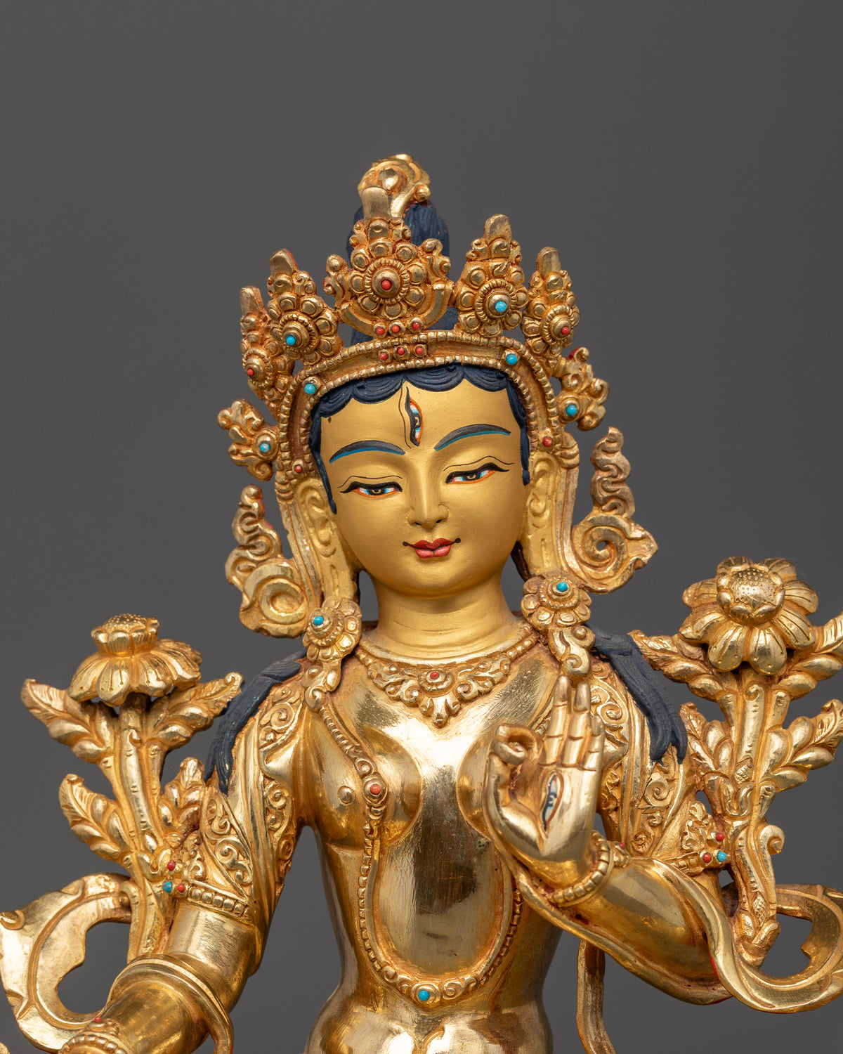 Handcrafted White Tara Buddhist deity statue from Patan Nepal with gold painted face