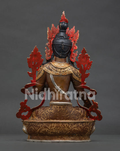 Handcrafted White Tara Buddhist Statue Oxidized Copper Back View
