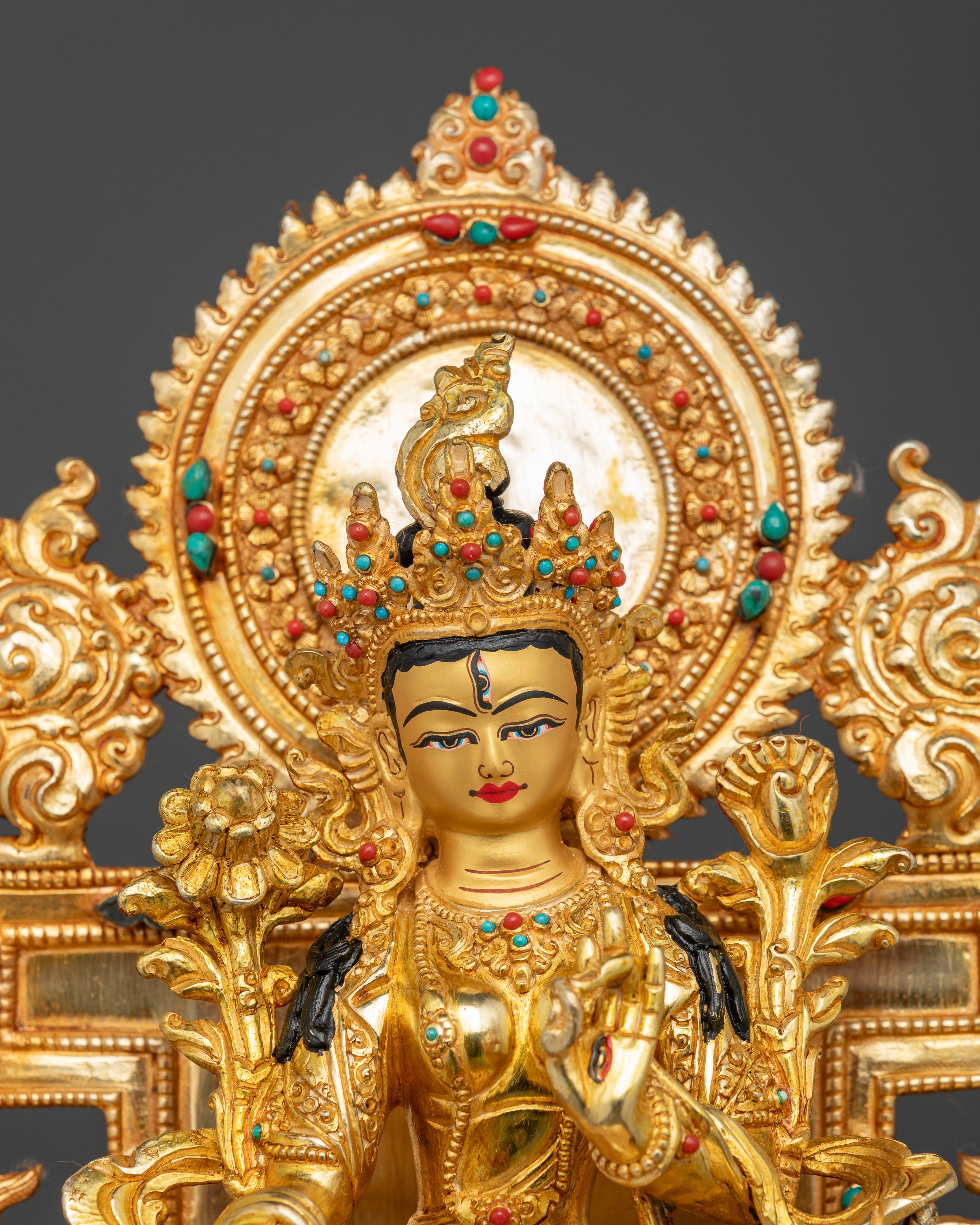 Handcrafted White Tara copper statue with semi precious stones and gold painted face
