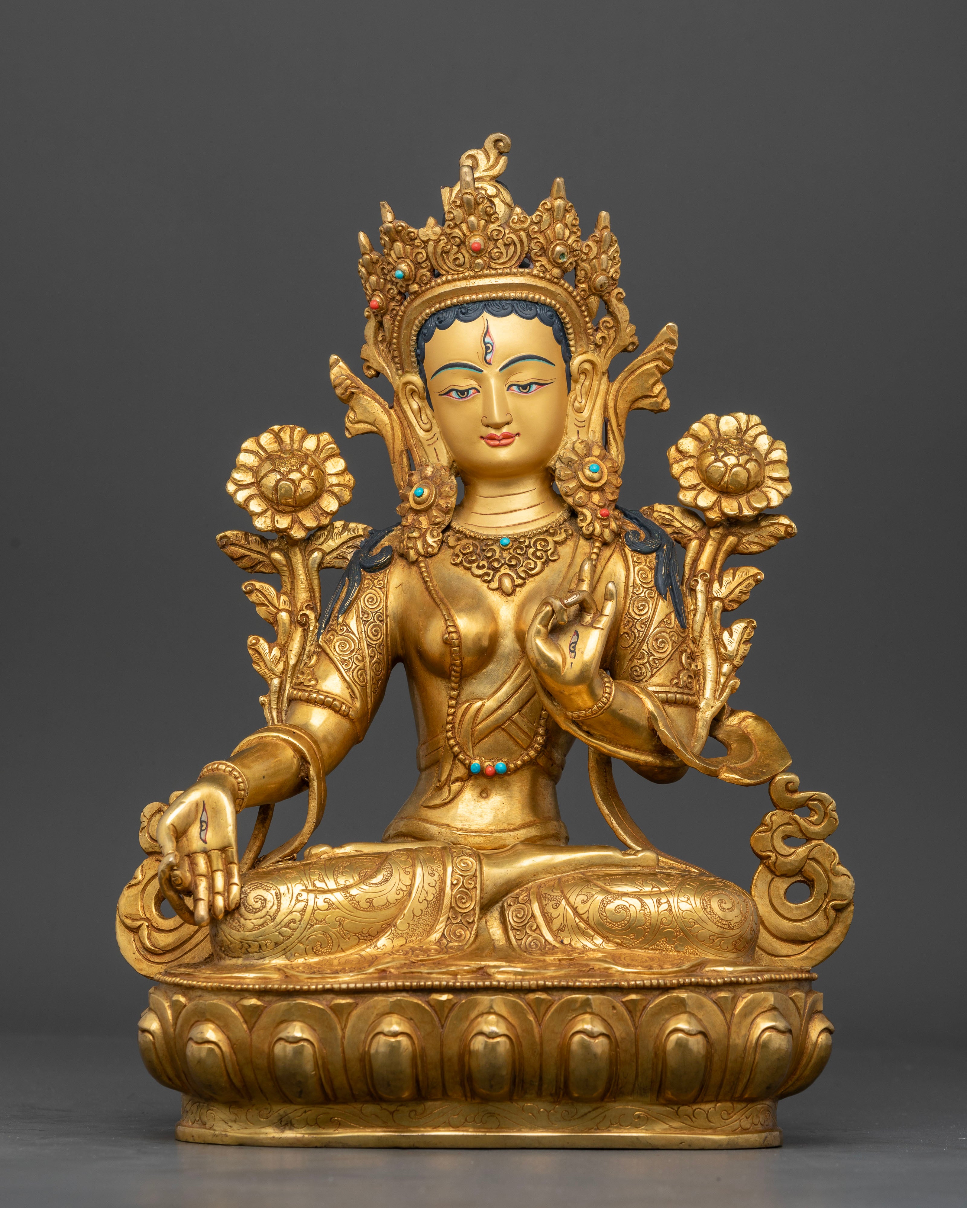 Handcrafted White Tara Statue from Nepal with 24K gold fire gilding front view