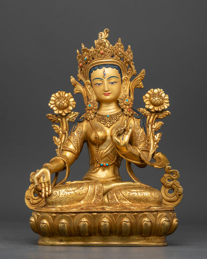 Handcrafted White Tara Statue from Nepal with 24K gold fire gilding front view
