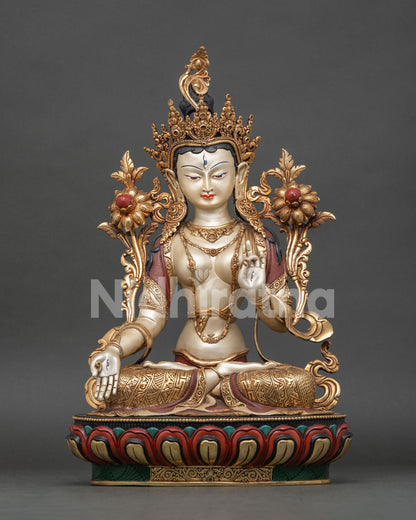 Handcrafted White Tara statue from Nepal with gold gilded details, premium acrylic colors, and seven eyes of compassion.