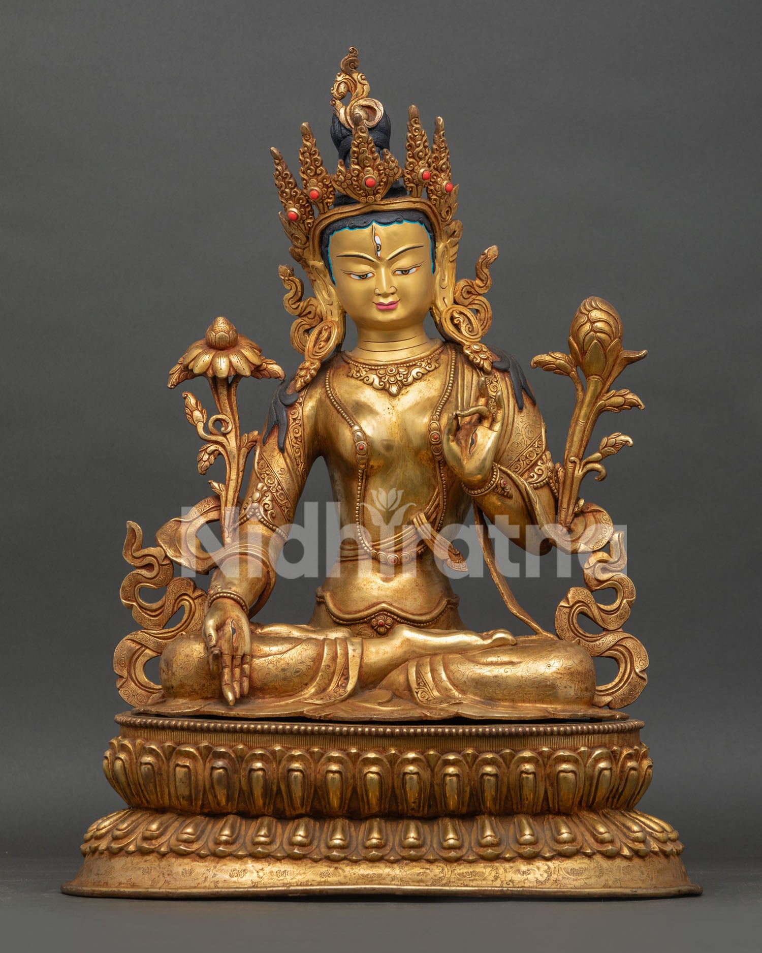 Handcrafted White Tara Statue Front View 24K Gold Fire Gilded Copper Sculpture