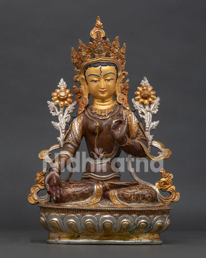 Handcrafted White Tara Statue Gold Gilded Oxidized Copper Front View