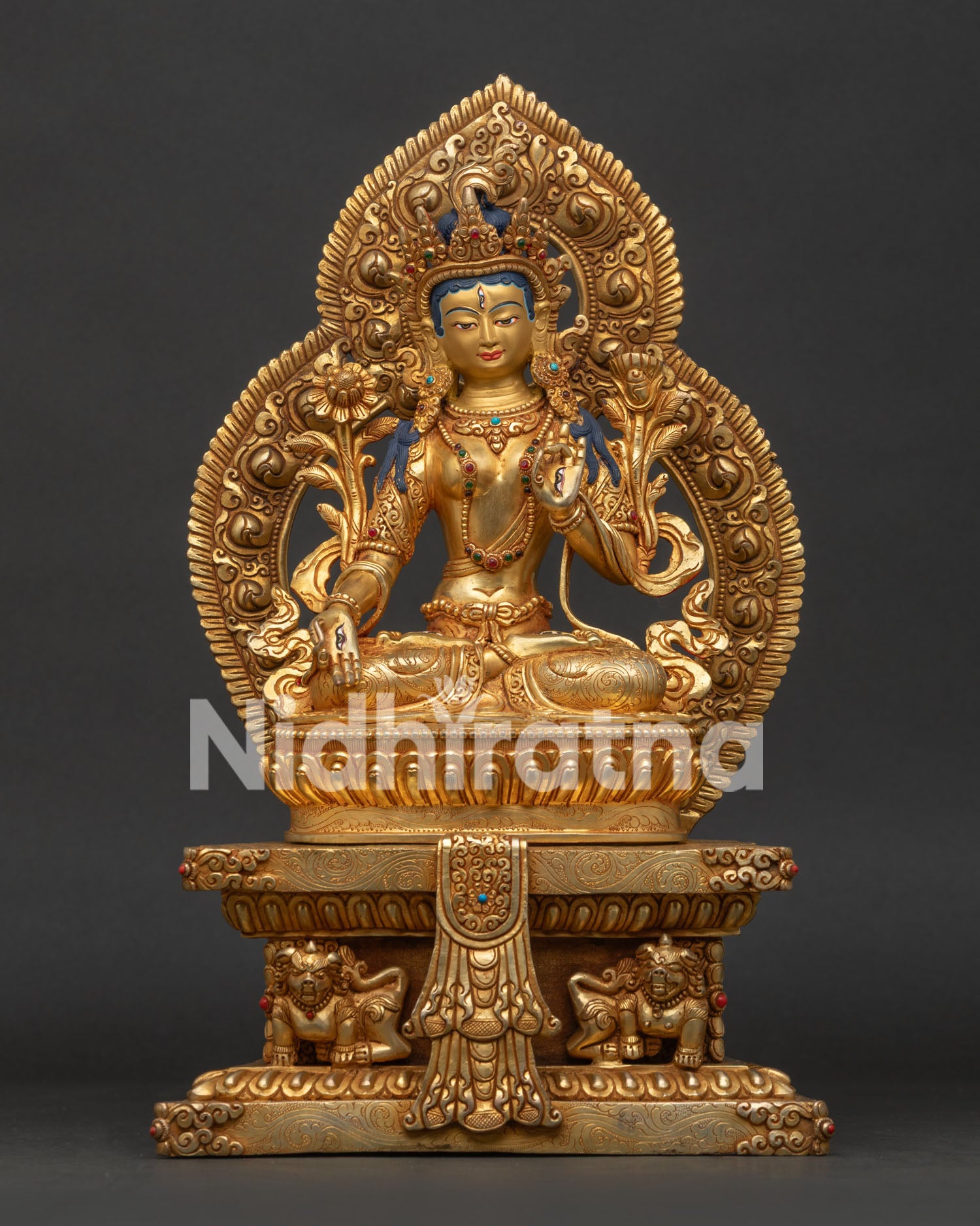 Handcrafted White Tara Statue in Gold Fire Gilded Copper with Semi Precious Stones.