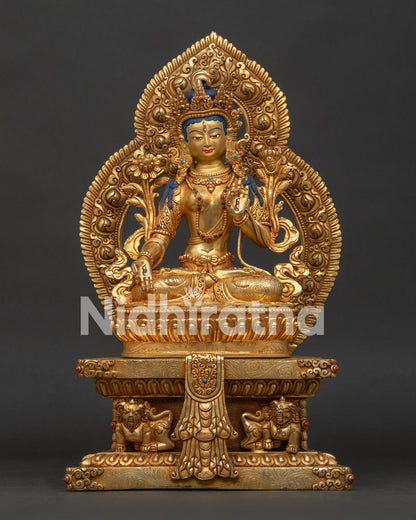 Handcrafted White Tara Statue in Gold Fire Gilded Copper with Semi Precious Stones.