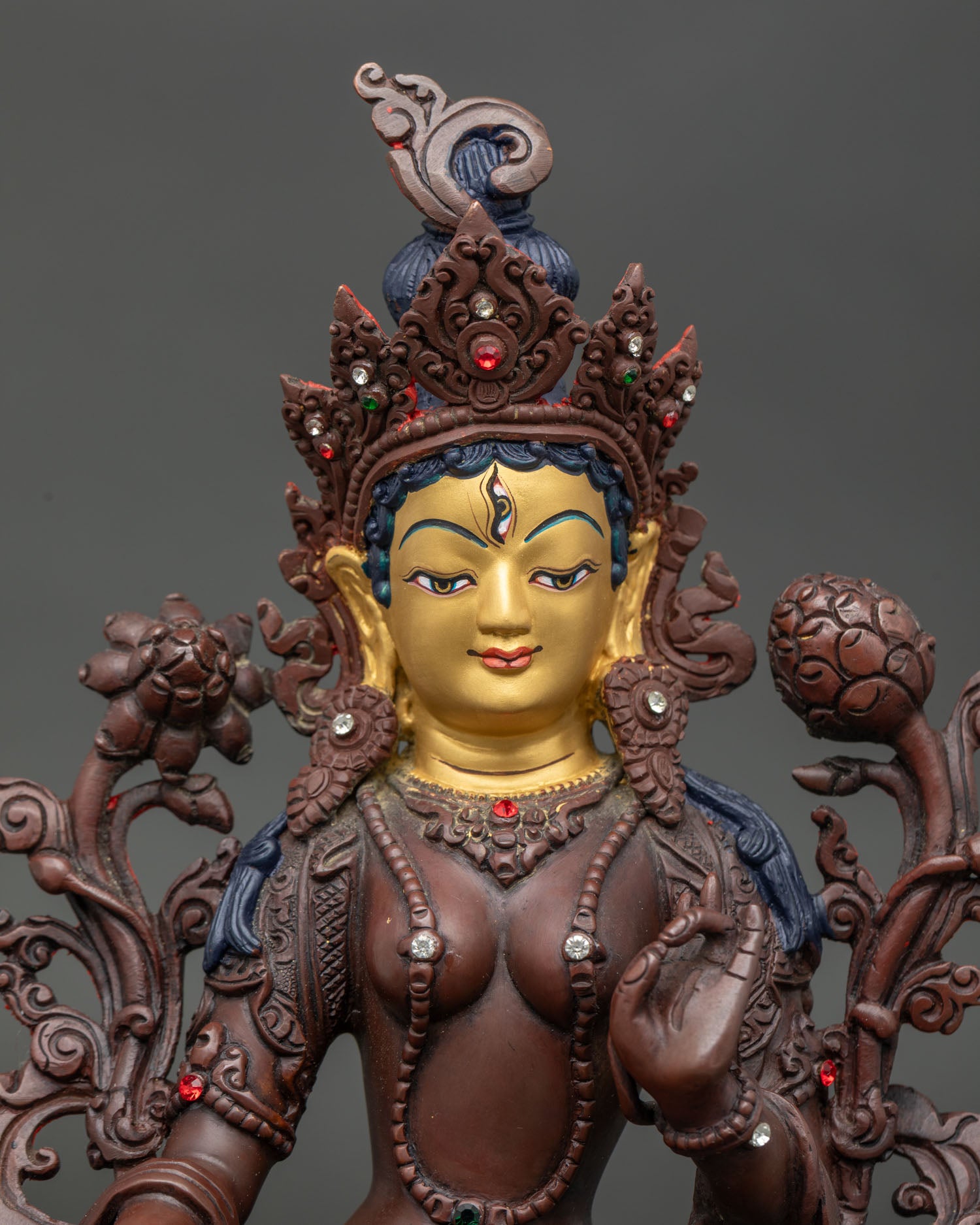 Handcrafted White Tara Statue with Copper Body and Gold Painted Face.