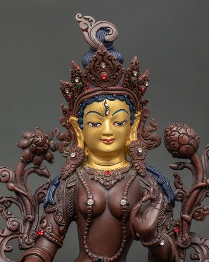 Handcrafted White Tara Statue with Copper Body and Gold Painted Face.