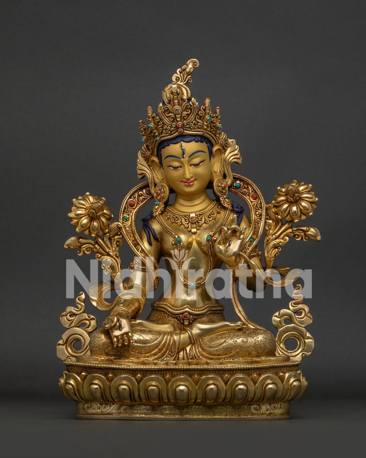 Handcrafted White Tara Statue with gold fire gilding and lotus throne