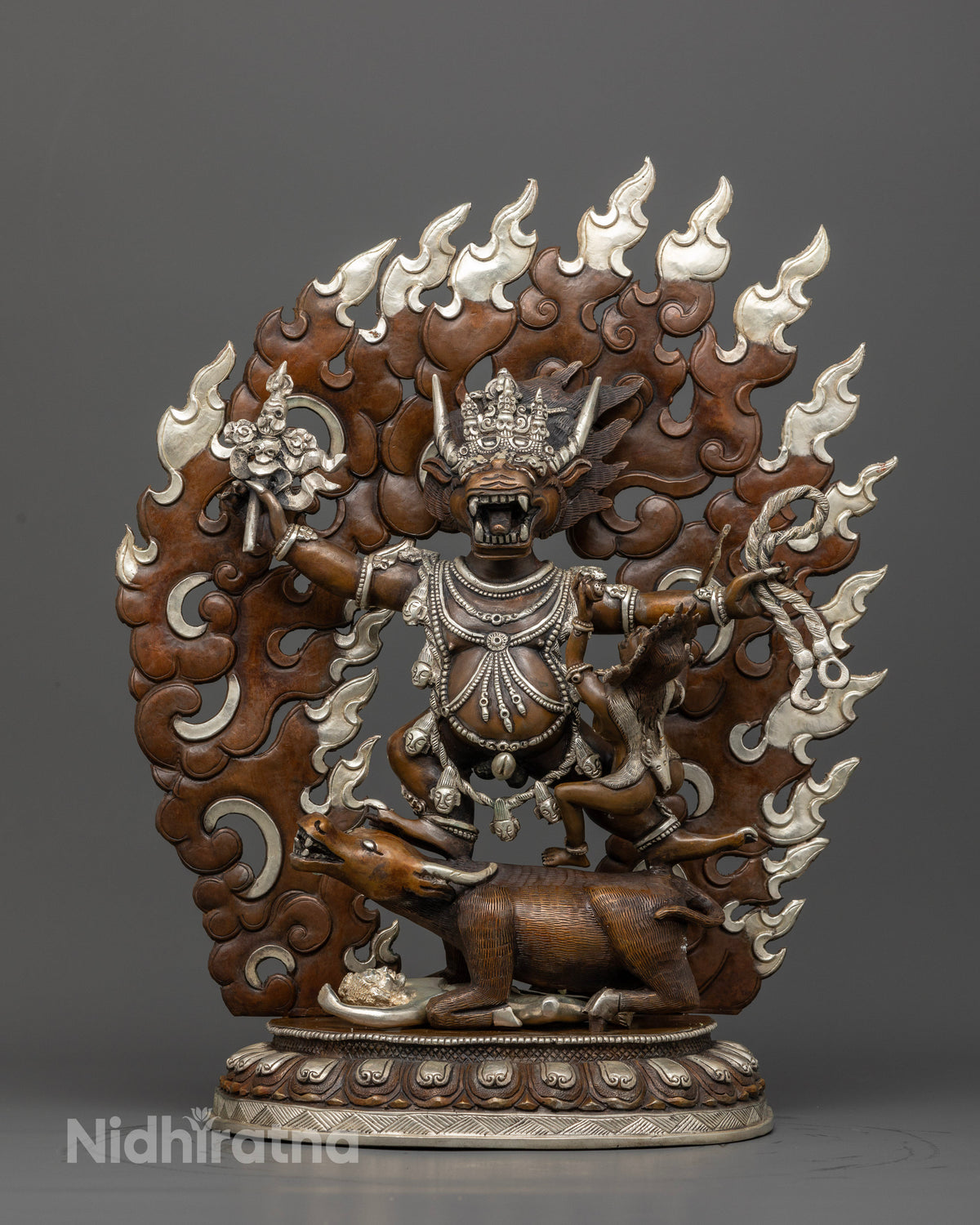 Handcrafted Yamantaka statue chemically oxidized copper with silver plated finish.