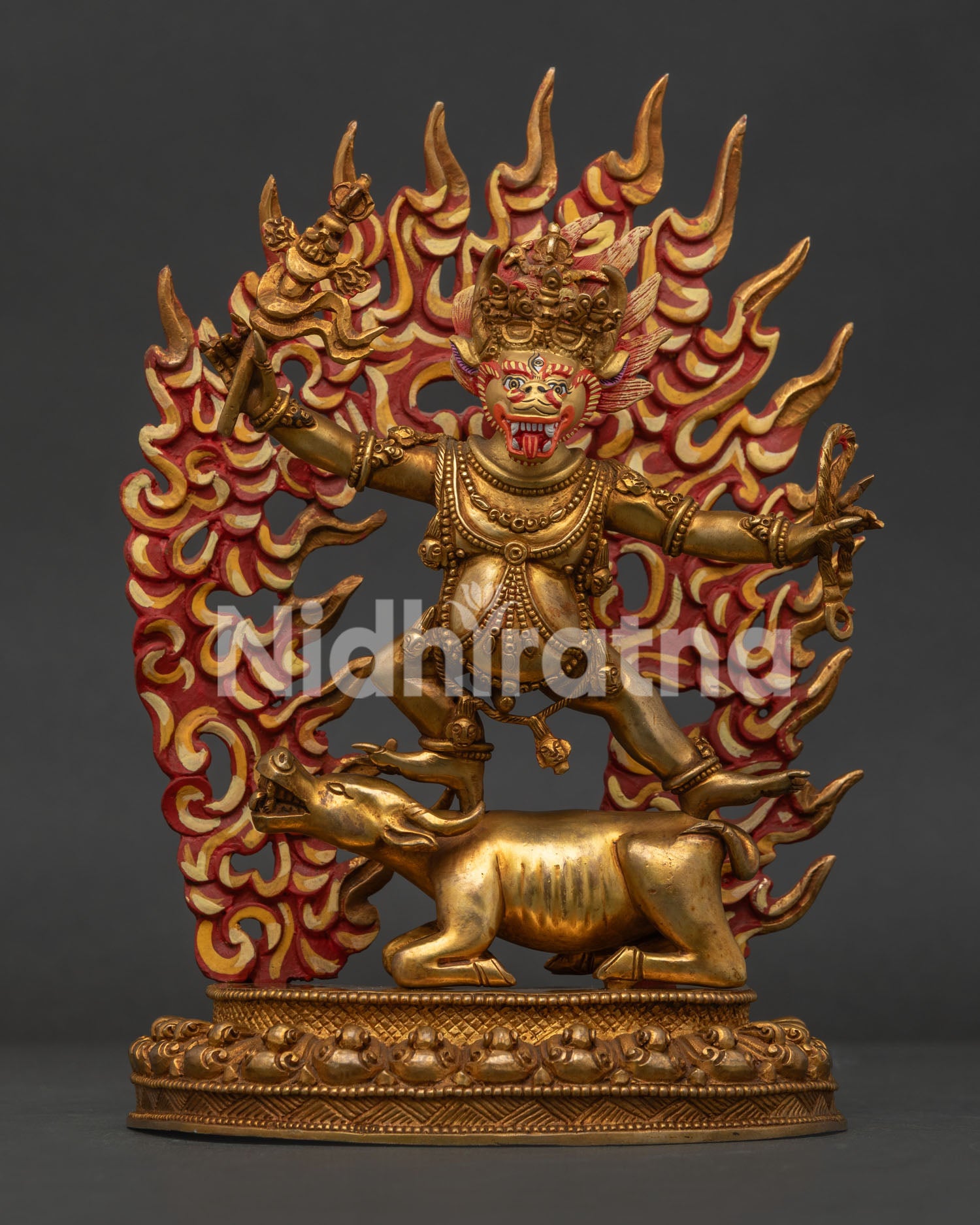 Handcrafted Yamantaka Statue in 24K gold gilded copper from Patan, Nepal