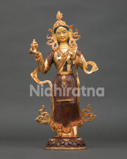 Handcrafted Yeshe Tsogyal copper statue with gold gilding and stone inlays