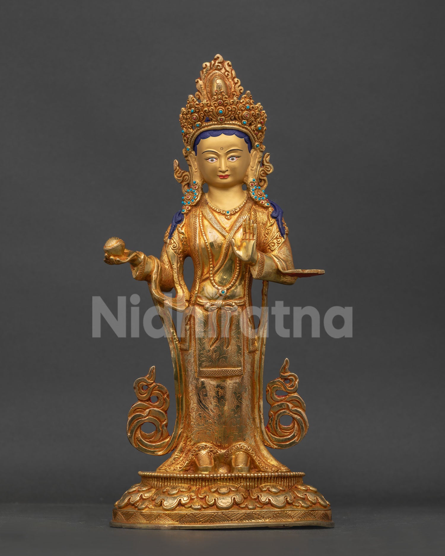 Handcrafted Yeshe Tsogyal statue in Tibetan attire holding a Kapala and Abhaya Mudra