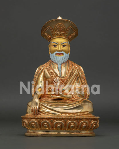 Handcrafted Zhabdrung Ngawang Namgyal Statue in Gold Fire Gilded Copper.