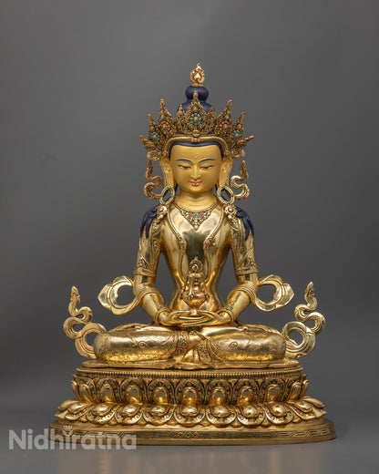 handcrafted Amitayus statue in 24K gold gilded copper, seated in meditation holding a long-life vase, symbolizing longevity and inner peace