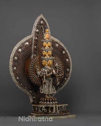  handcrafted Avalokiteshvara Bodhisattva statue showing silver-plated finish and rich acrylic color details