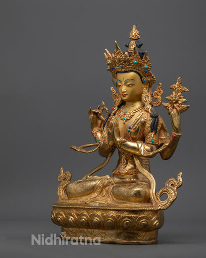 handcrafted Chenrezig Buddha statue painted with rich acrylic colors and traditional ornamentation