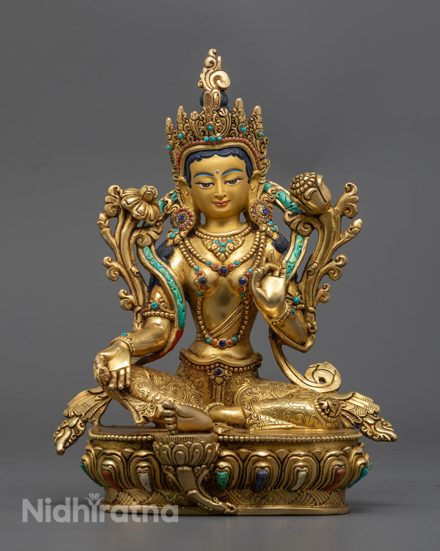 handcrafted Green Tara statue in 24K gold gilded copper, seated in lotus position with elegant detailing and compassionate expression.