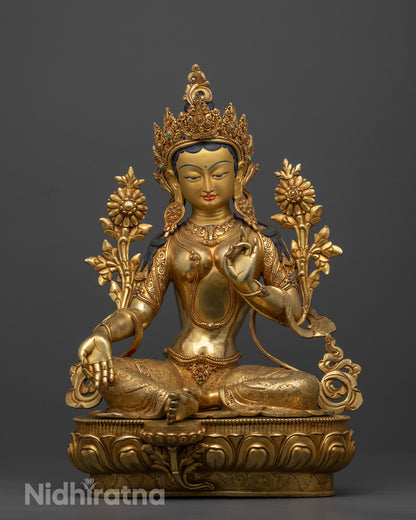 handcrafted Green Tara statue with gold-gilded face and jeweled crown adorned with semi-precious stones