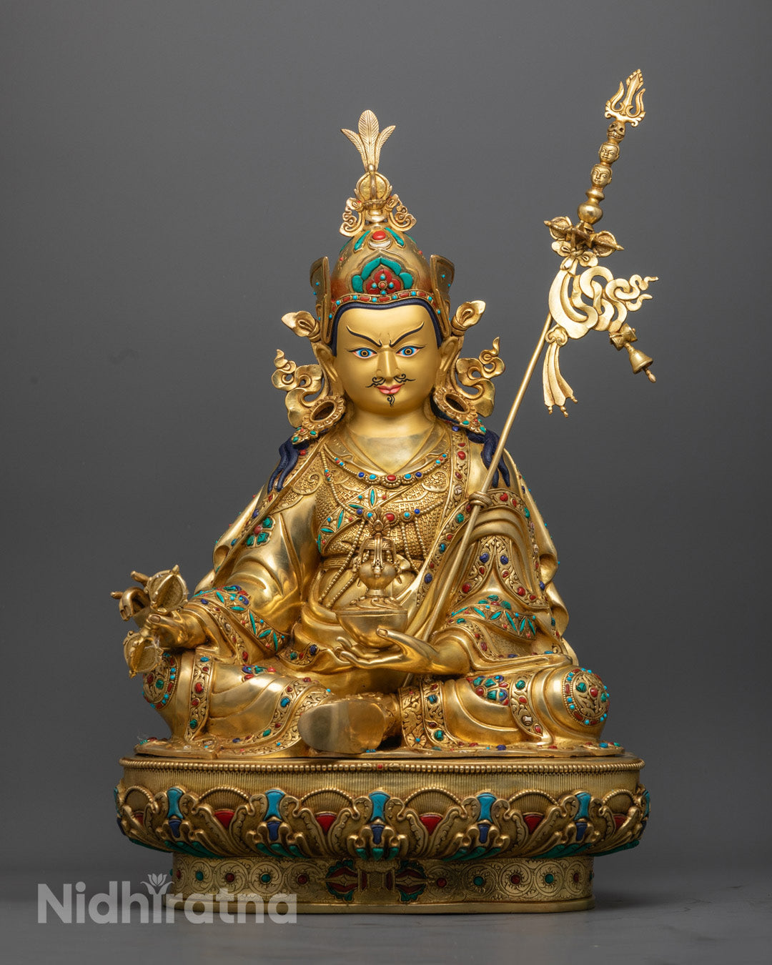 handcrafted Guru Rinpoche statue gilded in 24K gold, seated in lotus posture with serene expression