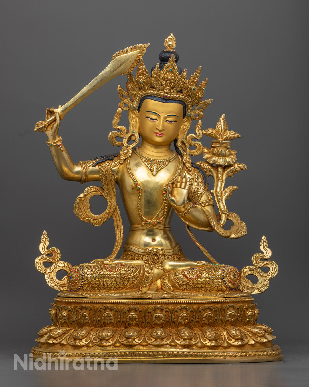 handcrafted Manjushri statue with gold gilded copper finish