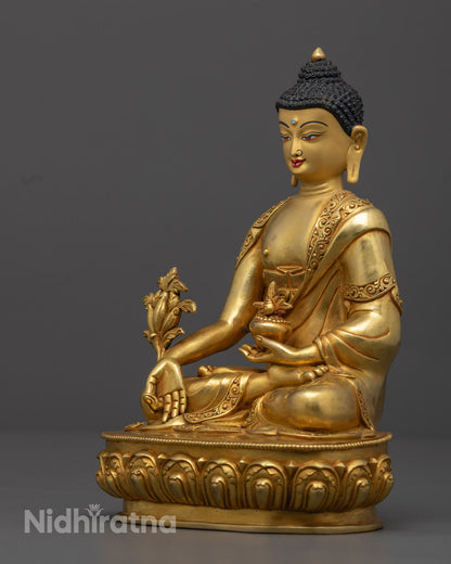 handcrafted Medicine Buddha statue with visible hollow section for mantra filling and consecration rituals, made from high-quality copper.