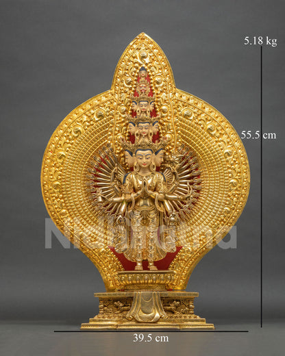 Handmade 1000 Arm Chenrezig statue from Nepal, front view with 24K gold fire-gilded halo and lotus base