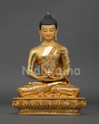 Handmade Amitabha Buddha Statue in gold fire-gilded copper from Nepal, front view