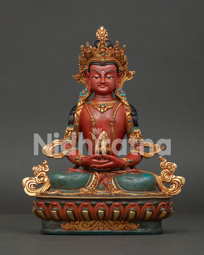 Handmade Amitayus Statue from Nepal with Gold Gilded Finish and Semi Precious Stones