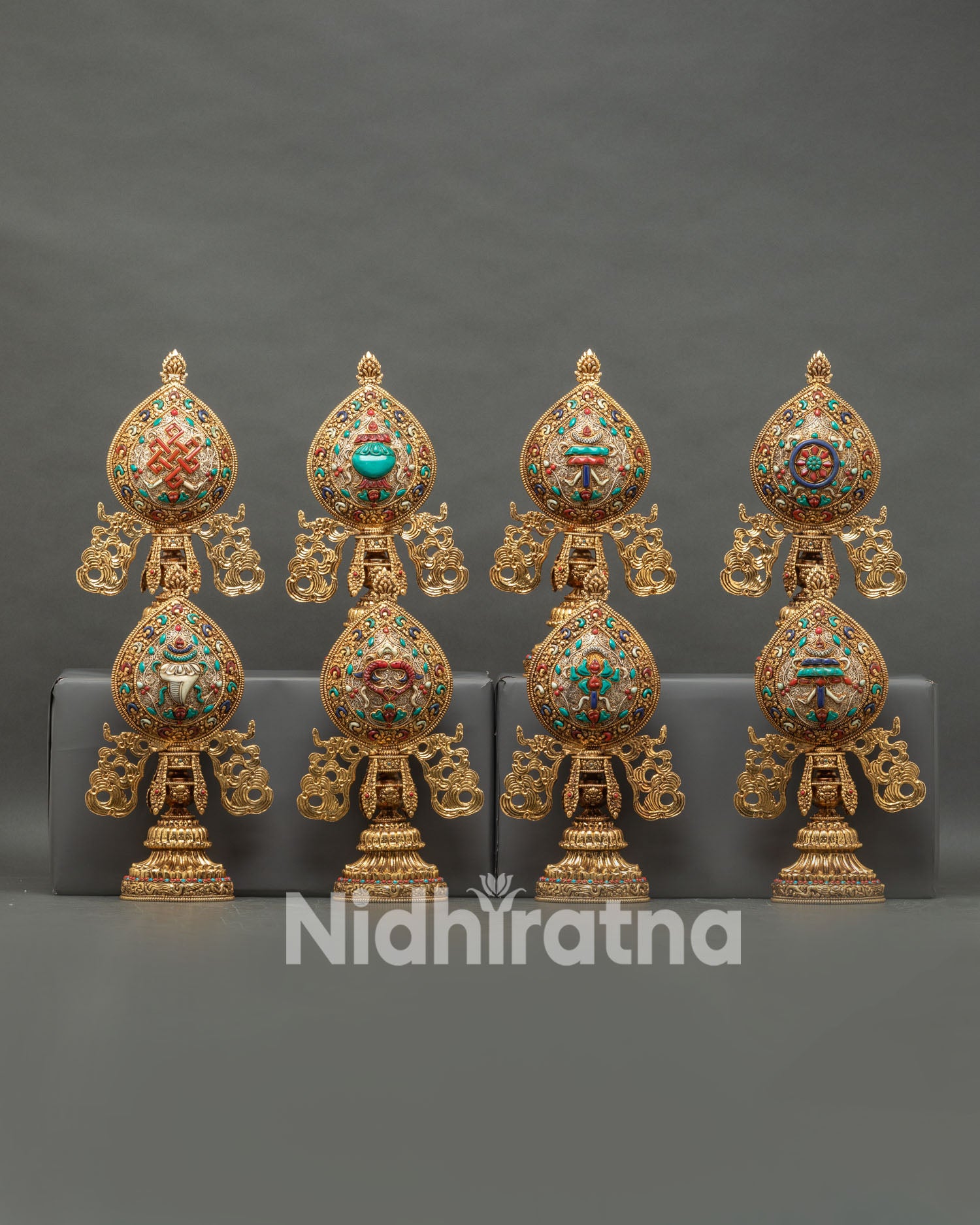 Handmade Astamangala Set in copper and gold plating with semi-precious stones by Newari artisans from Patan Nepal